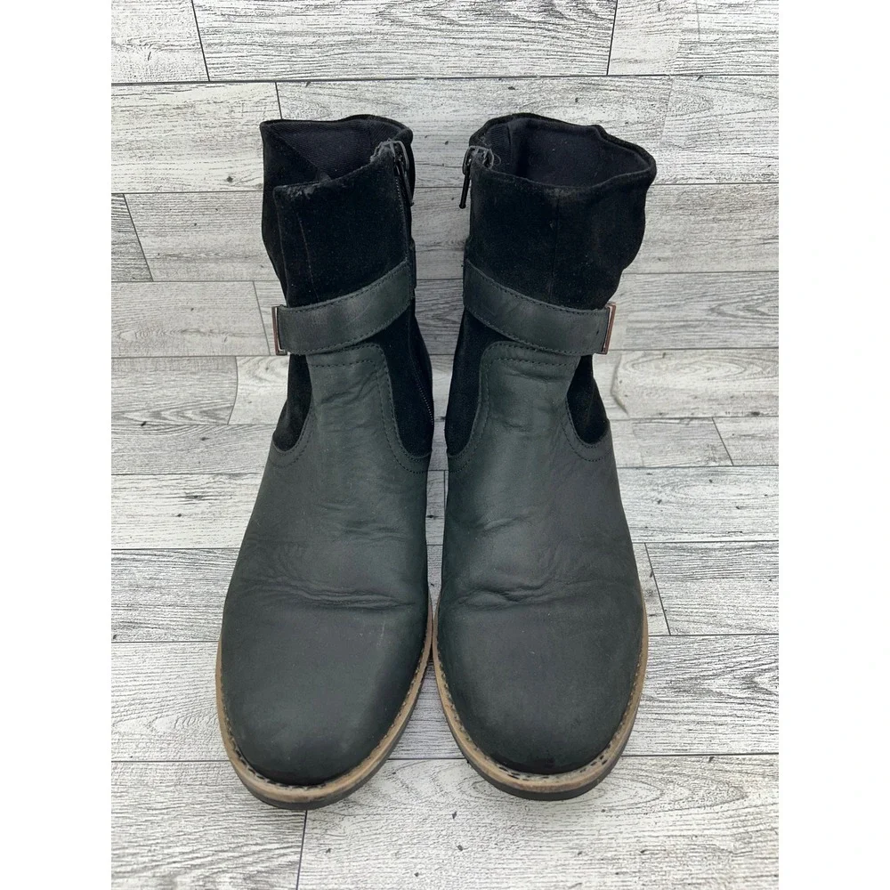 Clarks Black Leather Suede Buckle Moto Ankle Boots Side Zip Women Sz‎ 9 M